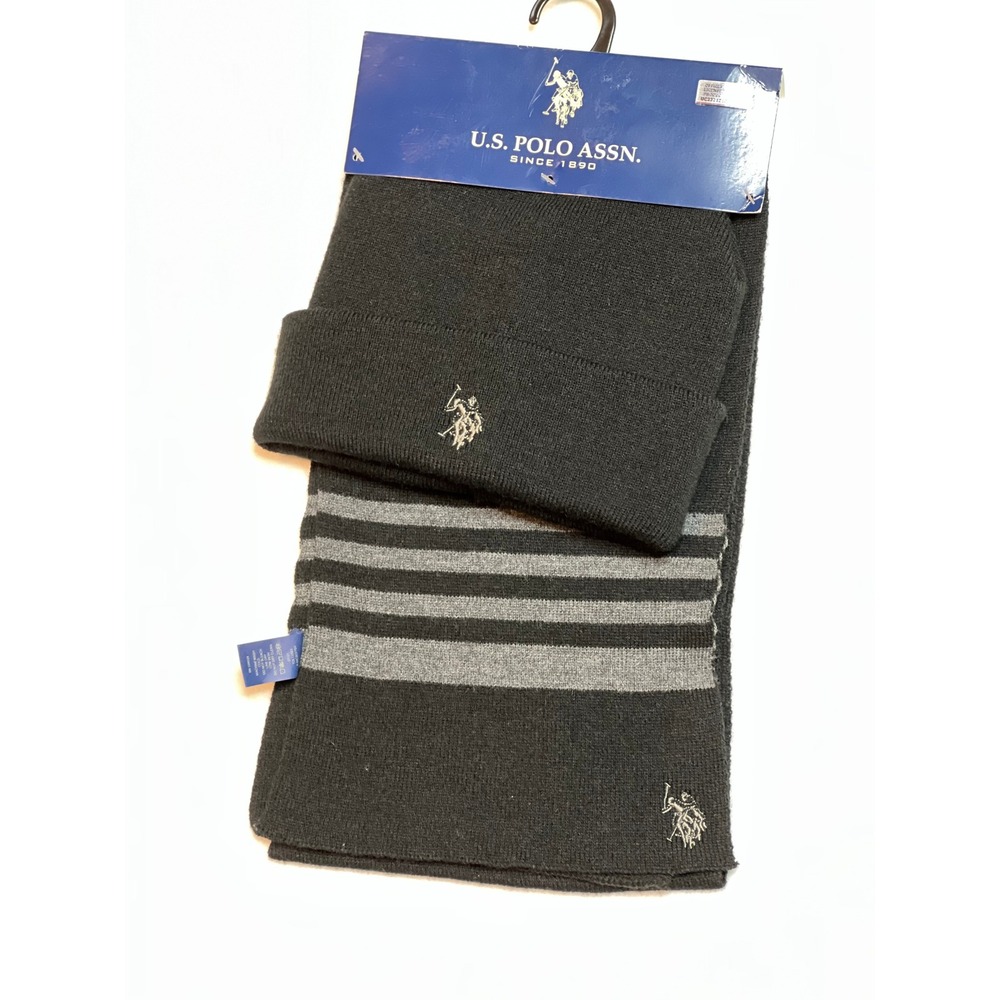 US Polo Assn Mens Beanie and Scarf Set Black Grey Striped Knit Winter 2pc NWT